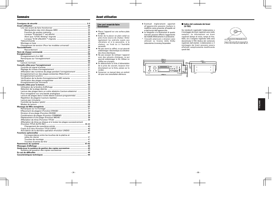 Sommaire avant utilisation | Tascam MD-350 User Manual | Page 24 / 56