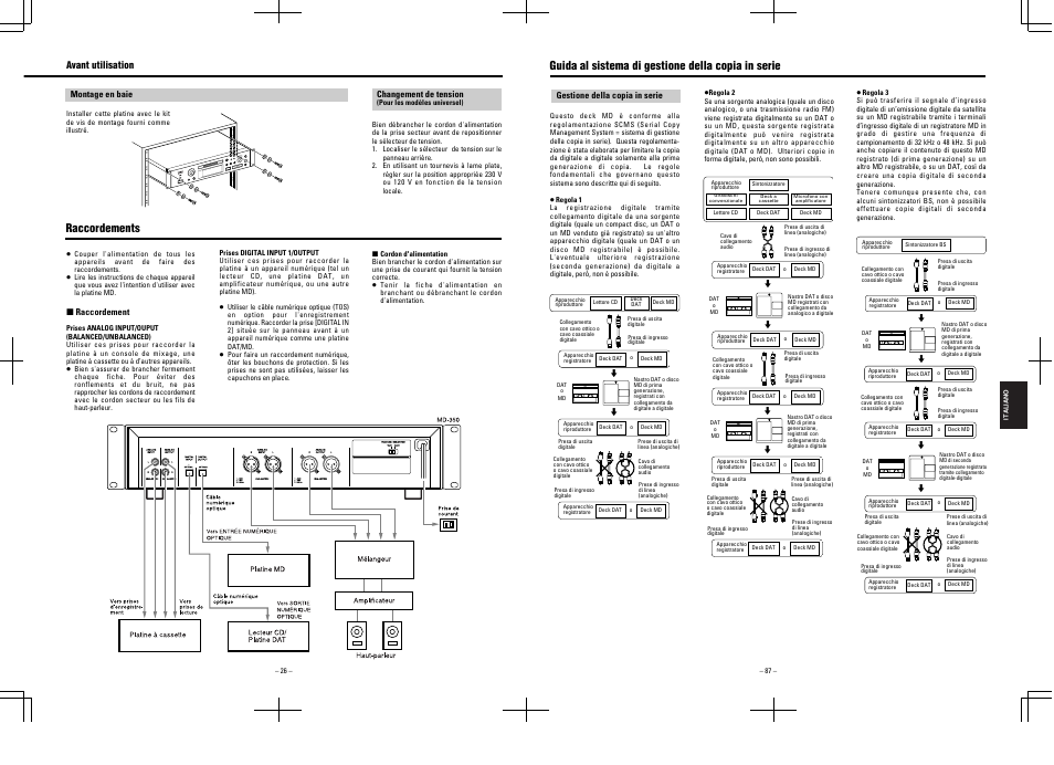 Raccordements, Guida al sistema di gestione della copia in serie, Avant utilisation | Tascam MD-350 User Manual | Page 26 / 56