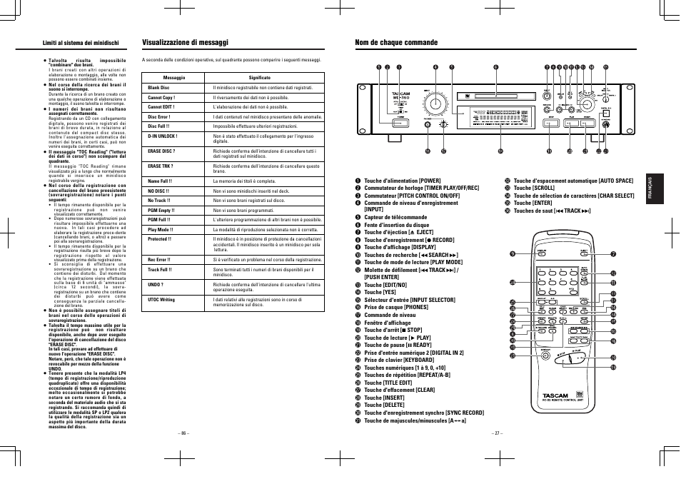 Visualizzazione di messaggi, Nom de chaque commande | Tascam MD-350 User Manual | Page 27 / 56