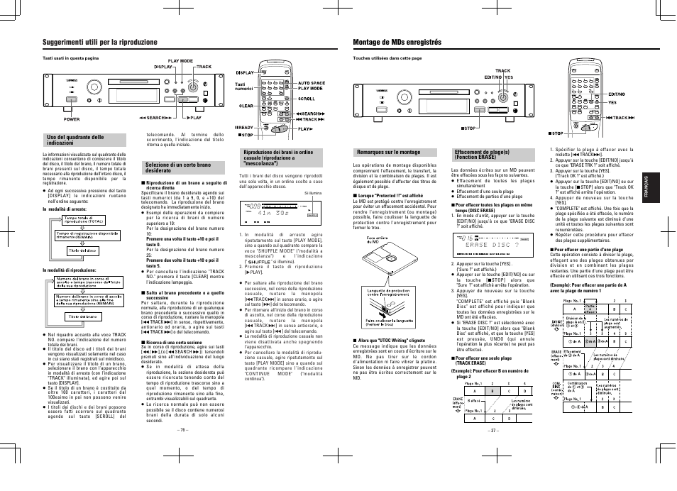 Suggerimenti utili per la riproduzione, Montage de mds enregistrés | Tascam MD-350 User Manual | Page 37 / 56