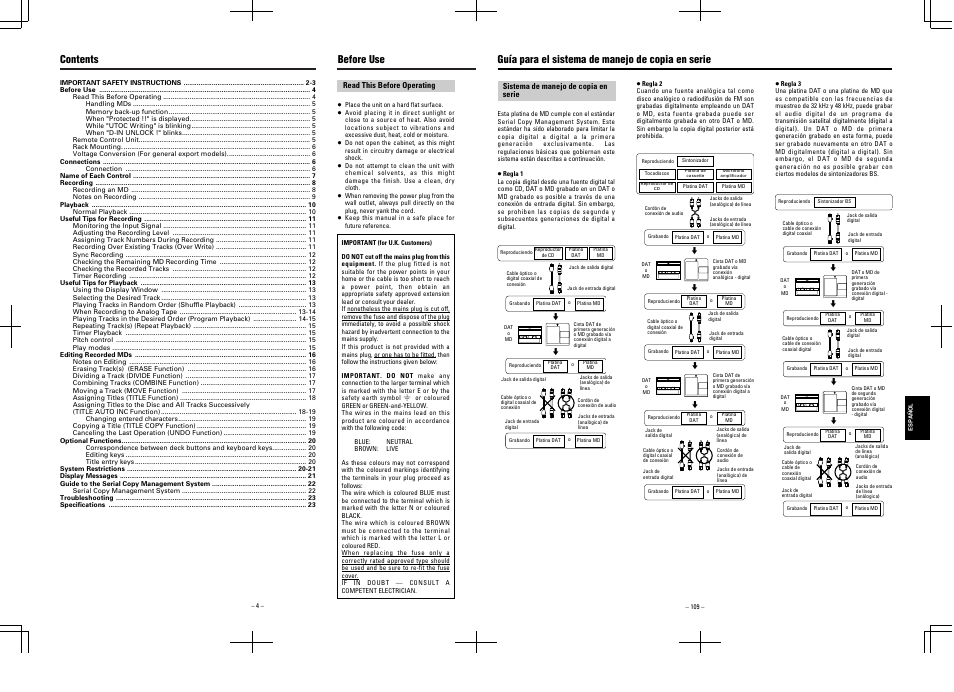 Before use contents, Guía para el sistema de manejo de copia en serie | Tascam MD-350 User Manual | Page 4 / 56
