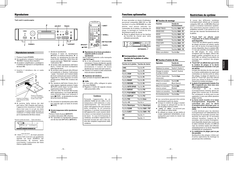 Riproduzione, Fonctions optionnelles, Restrictions du système | Tascam MD-350 User Manual | Page 41 / 56