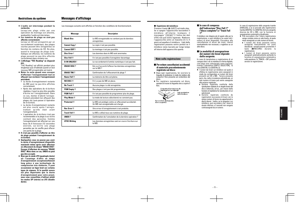 Messages d'affichage | Tascam MD-350 User Manual | Page 42 / 56