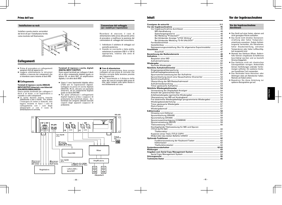 Collegamenti, Vor der ingebrauchnahme inhalt | Tascam MD-350 User Manual | Page 45 / 56