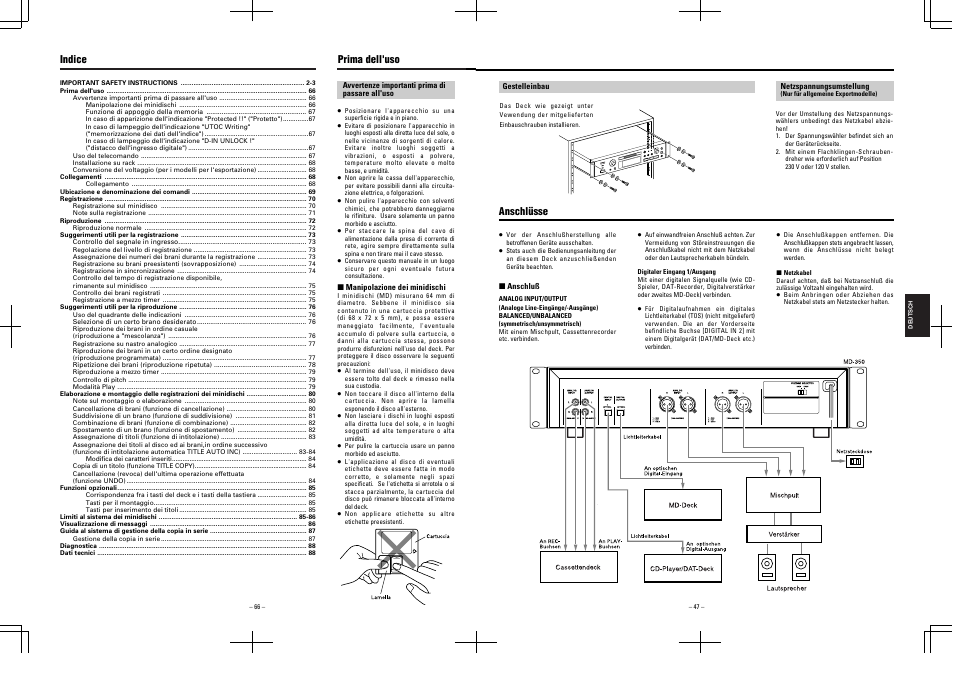 Prima dell'uso indice, Anschlüsse | Tascam MD-350 User Manual | Page 47 / 56