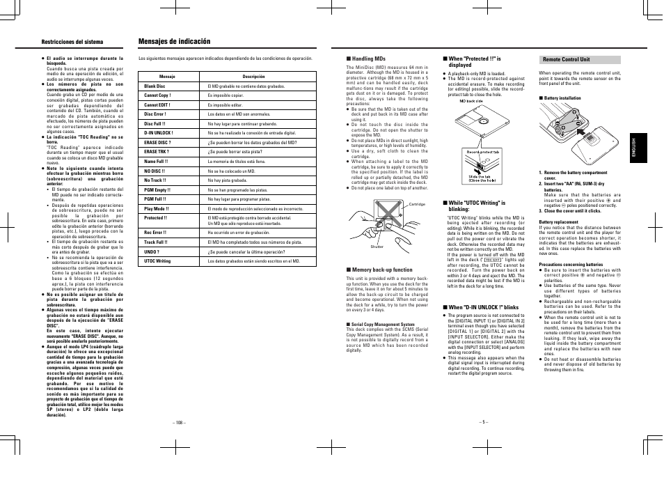 Mensajes de indicación | Tascam MD-350 User Manual | Page 5 / 56