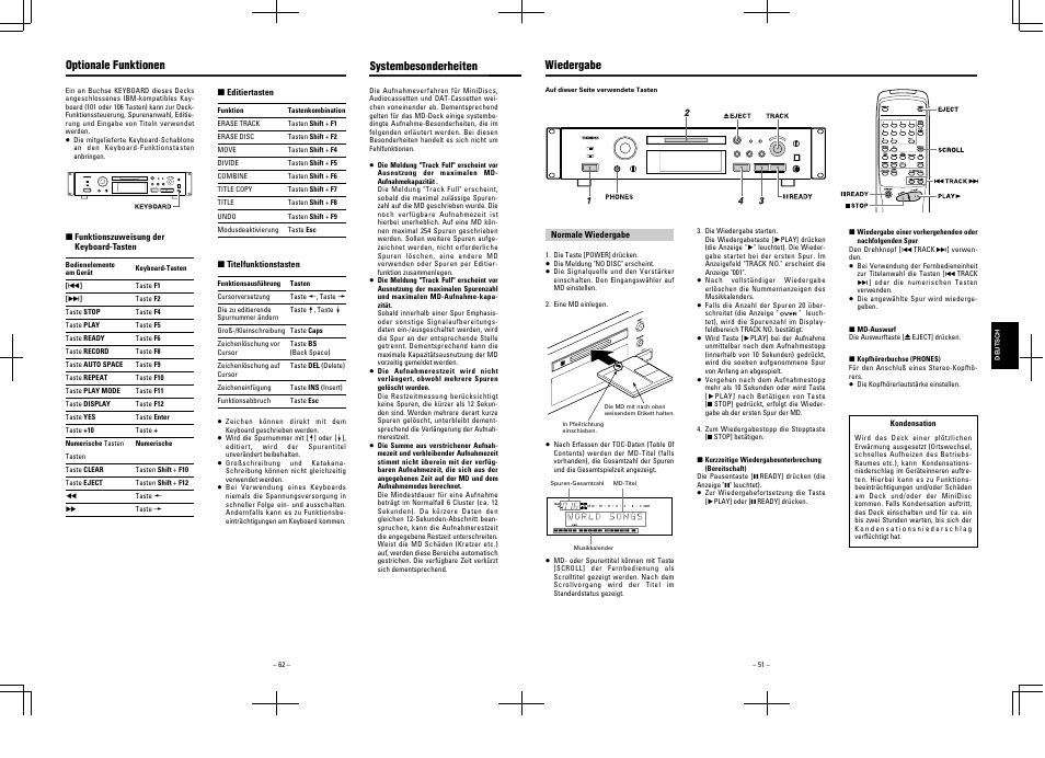 Optionale funktionen, Systembesonderheiten, Wiedergabe | Tascam MD-350 User Manual | Page 51 / 56