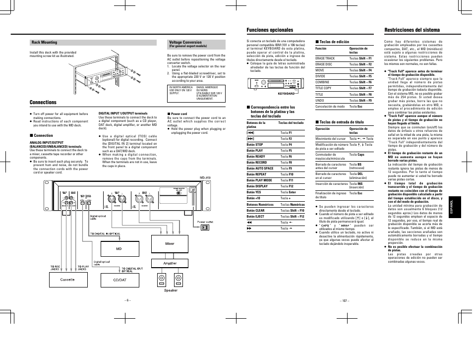 Connections, Funciones opcionales restricciones del sistema | Tascam MD-350 User Manual | Page 6 / 56