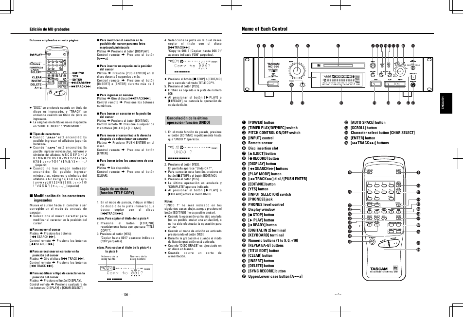 Name of each control | Tascam MD-350 User Manual | Page 7 / 56