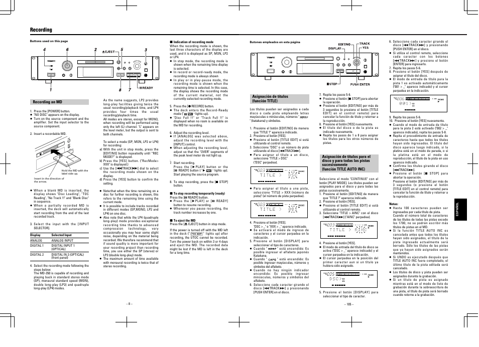 Recording | Tascam MD-350 User Manual | Page 8 / 56