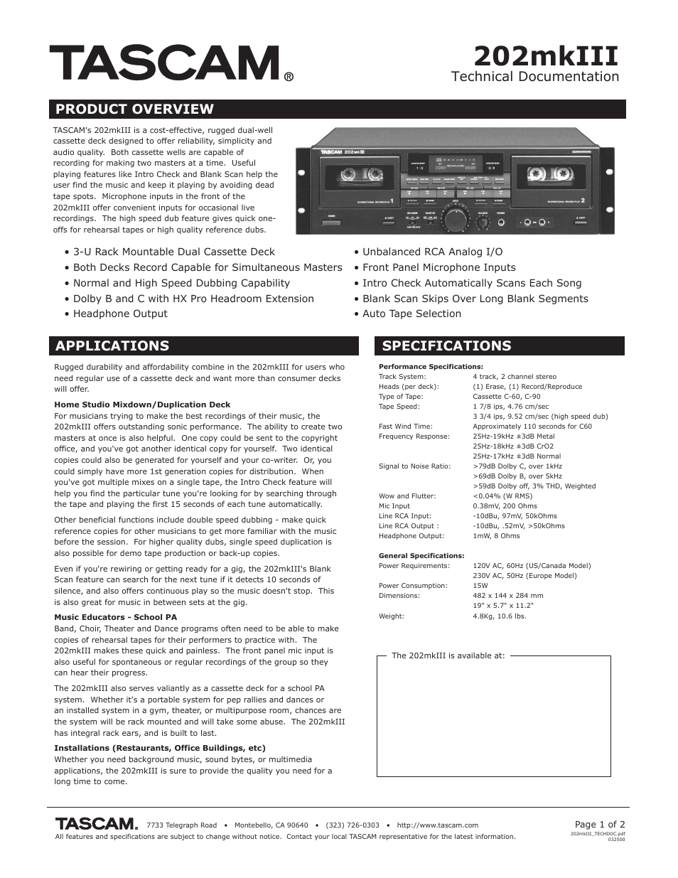 Tascam 202mkIII User Manual | 2 pages
