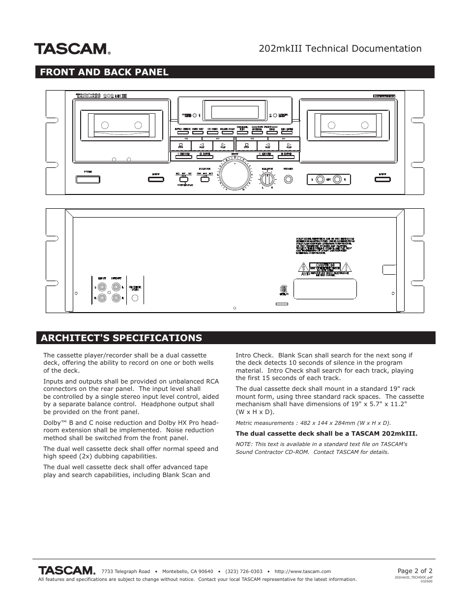 202mkiii technical documentation, Front and back panel architect's specifications | Tascam 202mkIII User Manual | Page 2 / 2