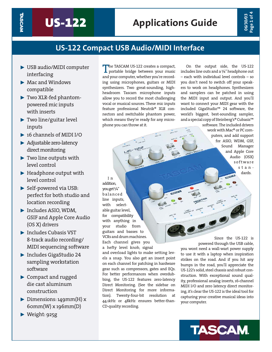 Tascam US-122 User Manual | 4 pages