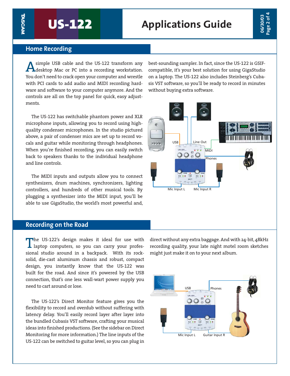 Us-122, Applications guide, Home recording | Recording on the road | Tascam US-122 User Manual | Page 2 / 4