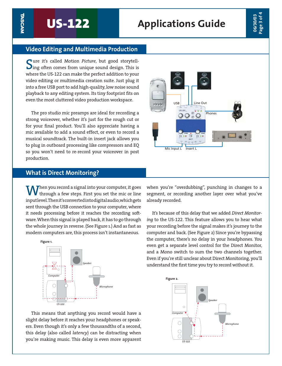 Us-122, Applications guide, Video editing and multimedia production | What is direct monitoring | Tascam US-122 User Manual | Page 3 / 4