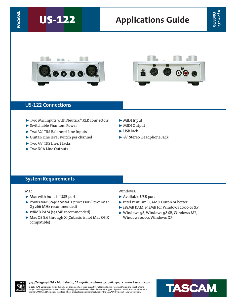 Us-122, Applications guide, System requirements | Us-122 connections | Tascam US-122 User Manual | Page 4 / 4