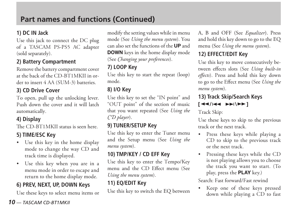 Part names and functions (continued) | Tascam D00851300A User Manual | Page 10 / 28