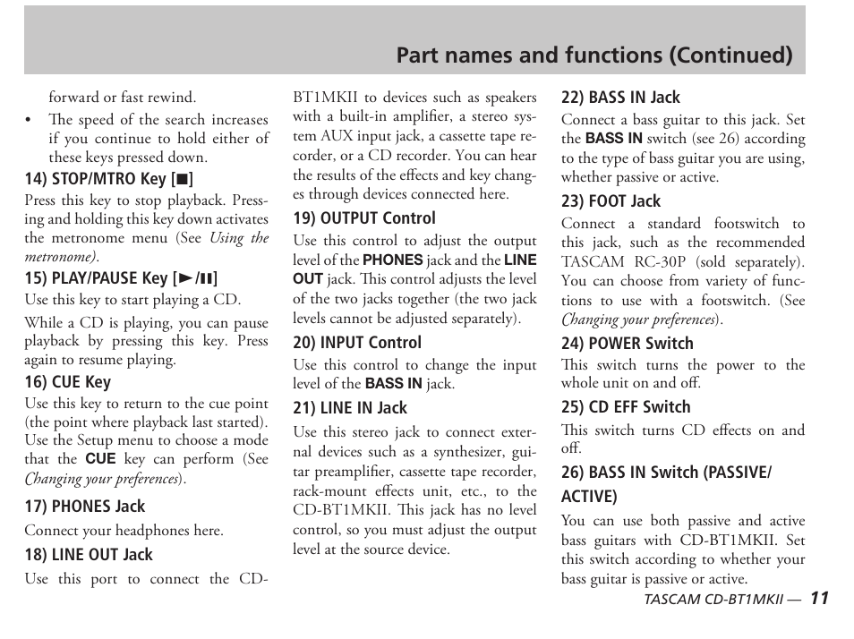 Part names and functions (continued) | Tascam D00851300A User Manual | Page 11 / 28