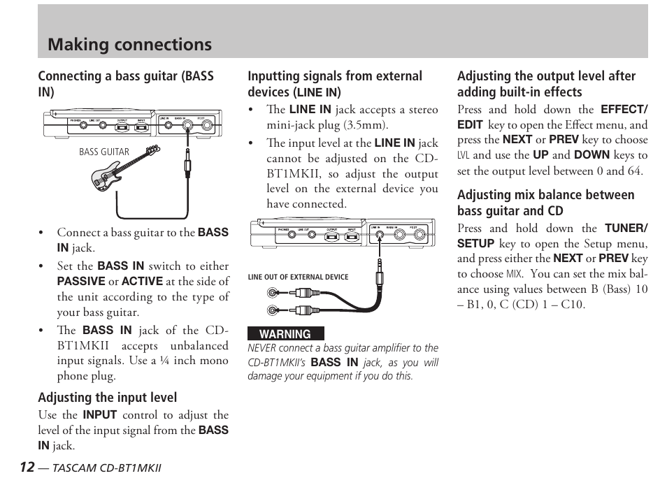 Making connections | Tascam D00851300A User Manual | Page 12 / 28