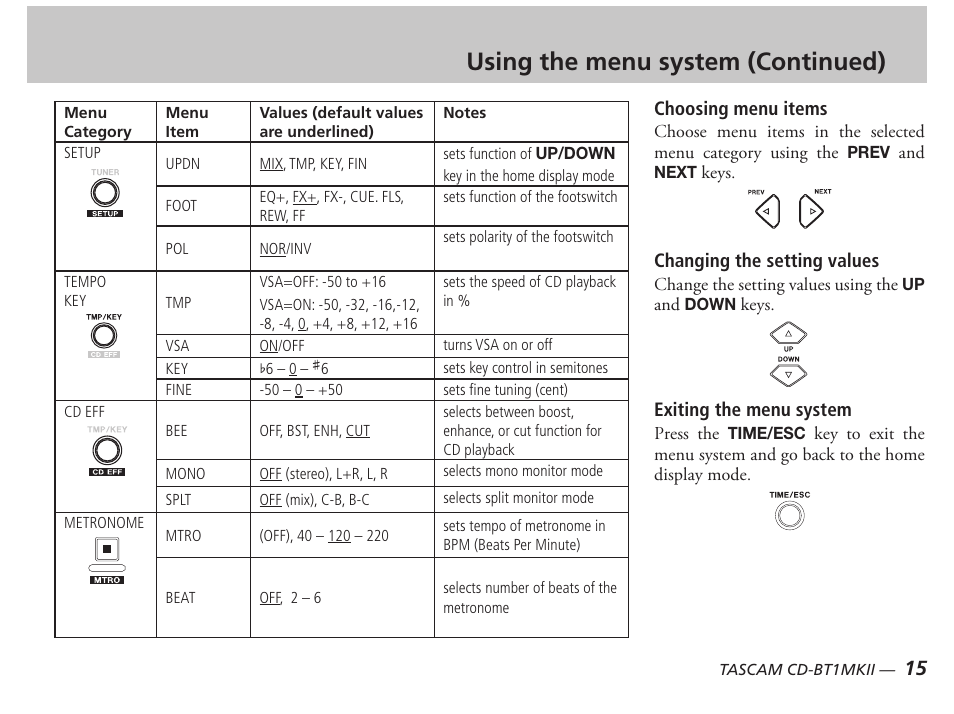 Using the menu system (continued) | Tascam D00851300A User Manual | Page 15 / 28