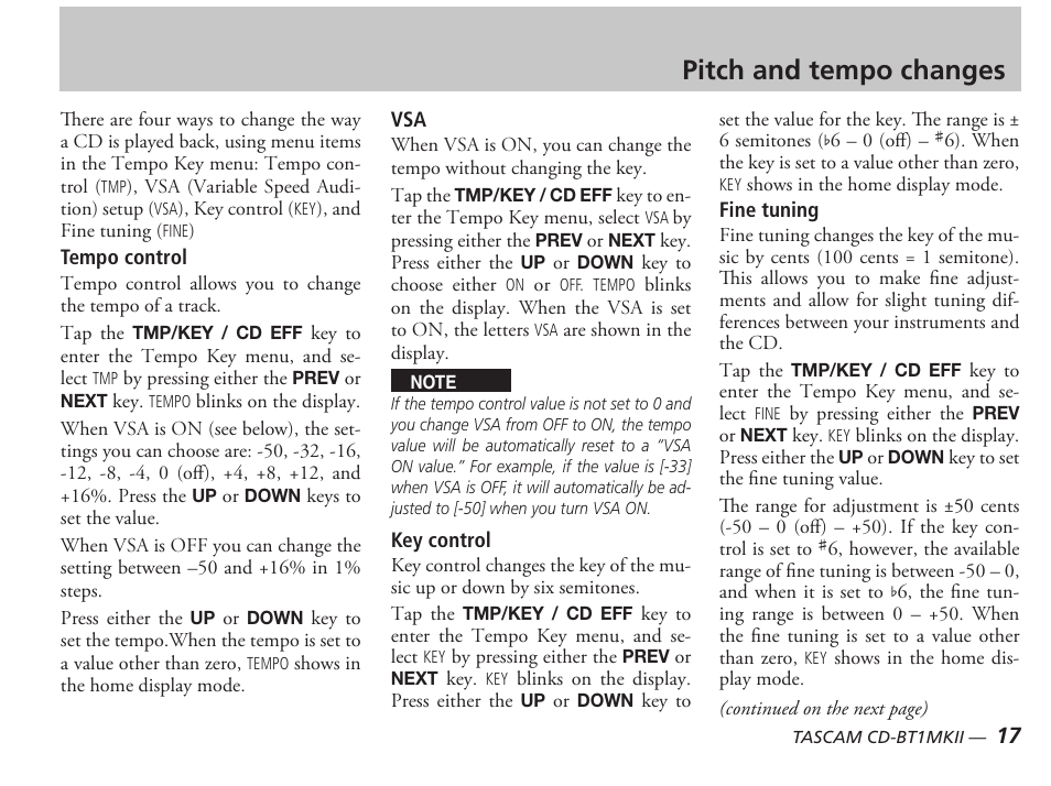 Pitch and tempo changes | Tascam D00851300A User Manual | Page 17 / 28