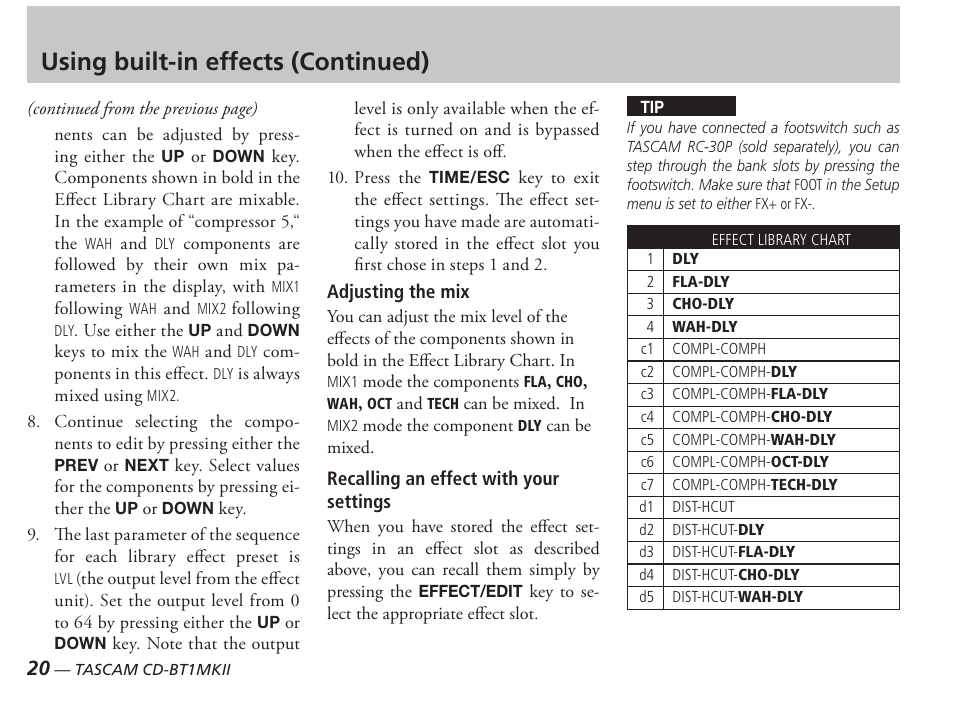 Using built-in effects (continued) | Tascam D00851300A User Manual | Page 20 / 28