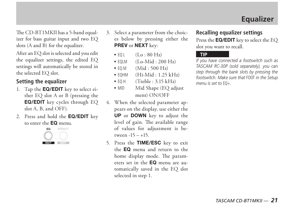 Equalizer | Tascam D00851300A User Manual | Page 21 / 28