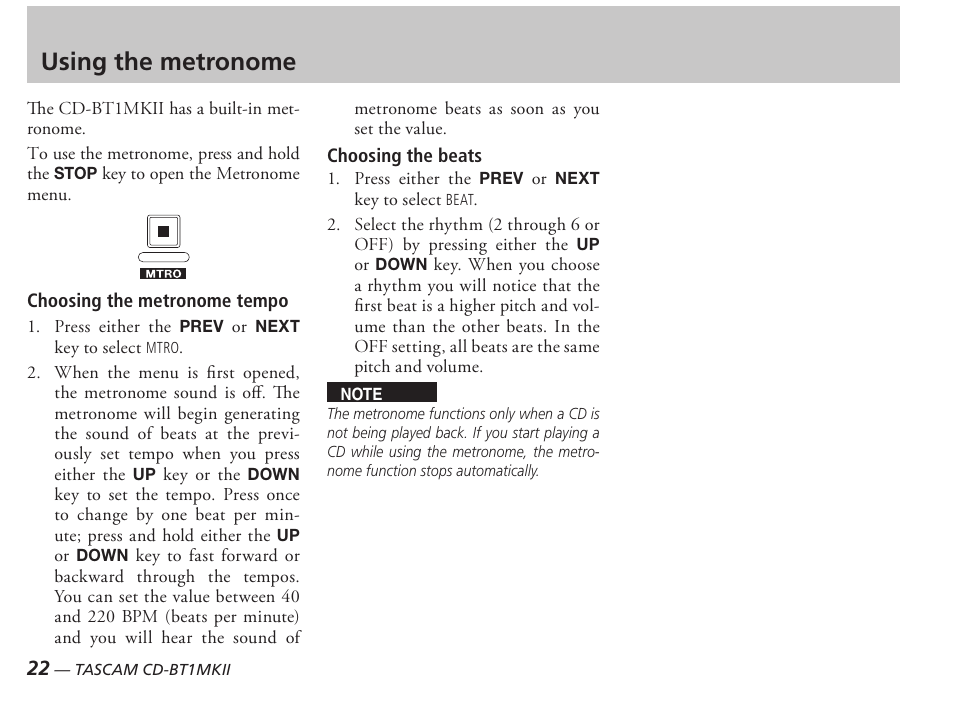 Using the metronome | Tascam D00851300A User Manual | Page 22 / 28