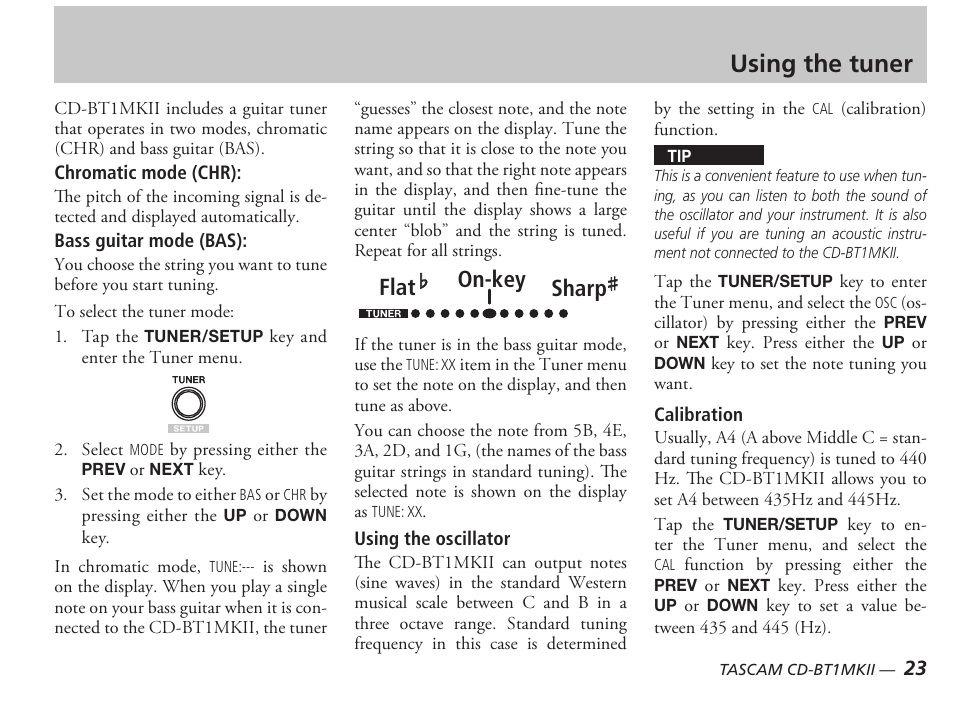 Using the tuner, Flat, Sharp o on-key | Tascam D00851300A User Manual | Page 23 / 28