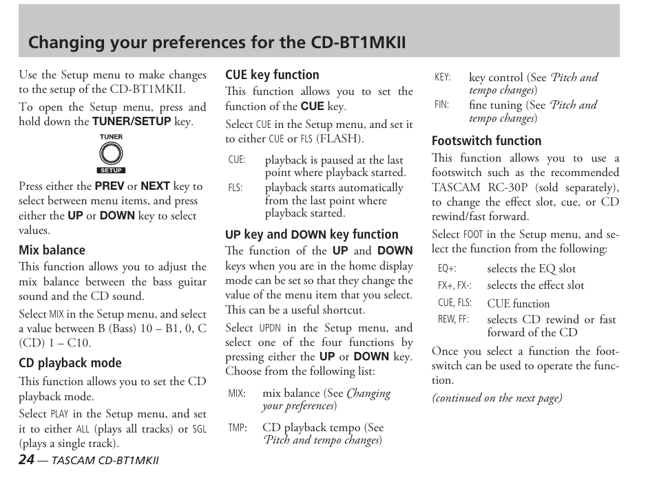 Changing your preferences for the cd-bt1mkii | Tascam D00851300A User Manual | Page 24 / 28