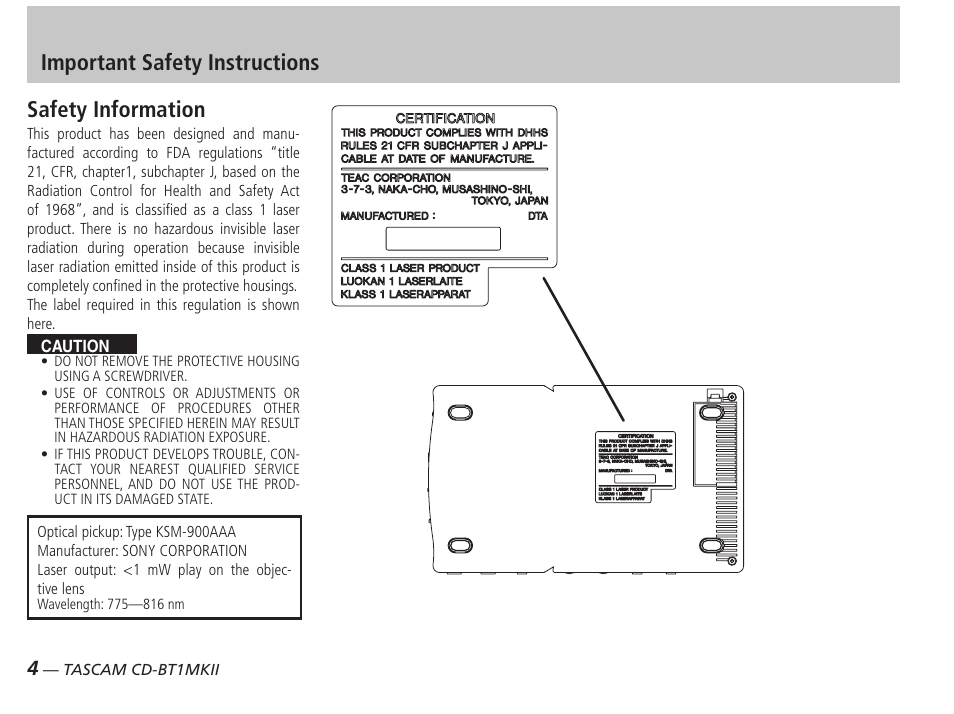 Safety information, Important safety instructions | Tascam D00851300A User Manual | Page 4 / 28