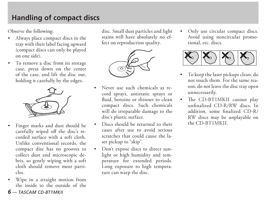 Handling of compact discs | Tascam D00851300A User Manual | Page 6 / 28
