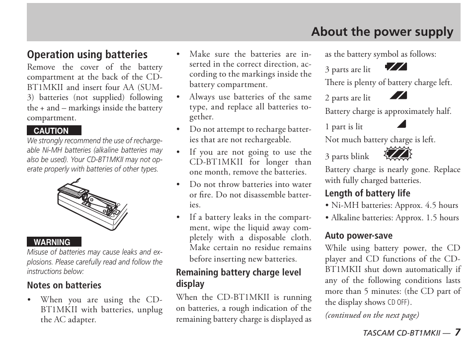 About the power supply, Operation using batteries | Tascam D00851300A User Manual | Page 7 / 28