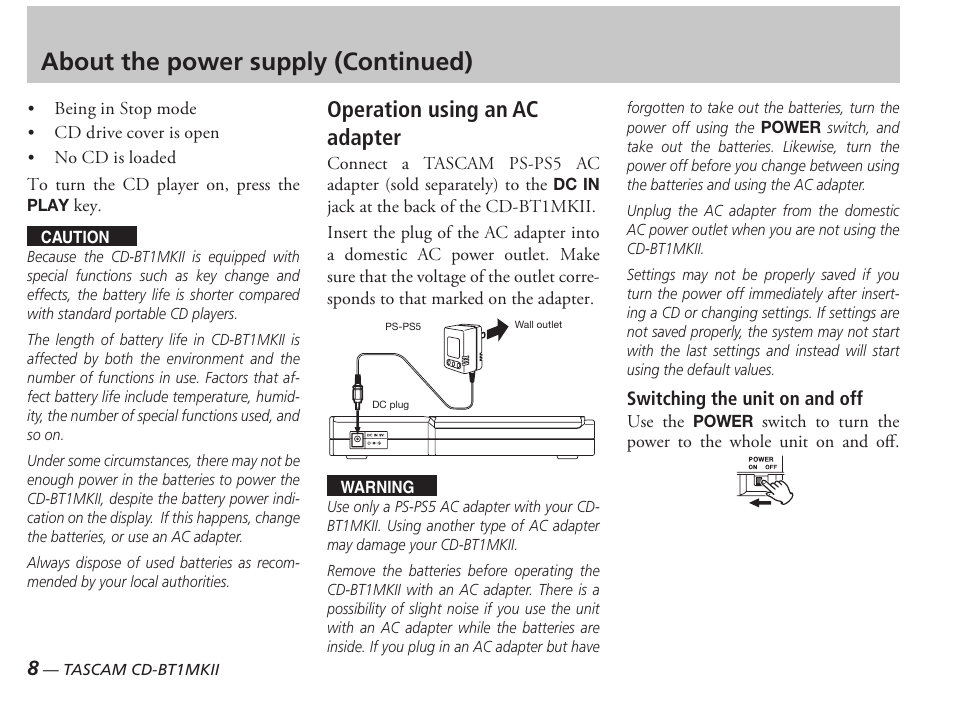 About the power supply (continued), Operation using an ac adapter | Tascam D00851300A User Manual | Page 8 / 28