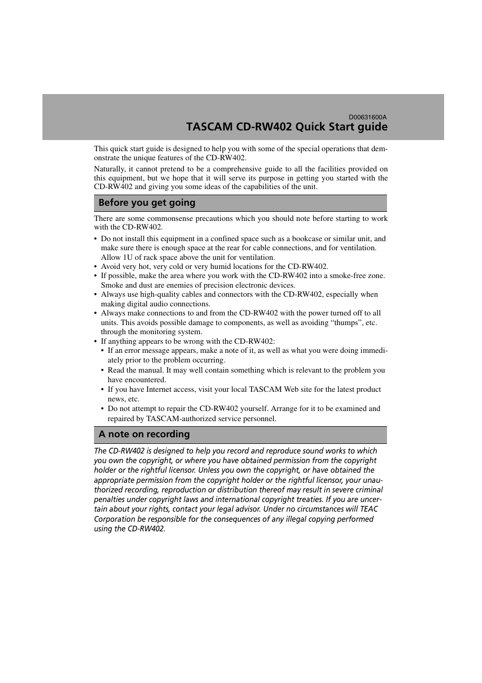 Tascam cdrw 402 User Manual | 4 pages