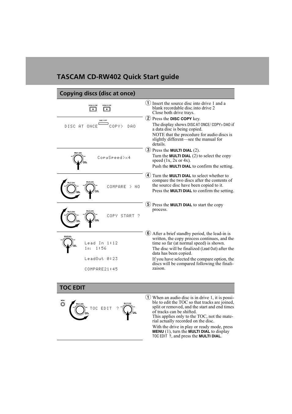 Tascam cd-rw402 quick start guide, Copying discs (disc at once) 1, Toc edit 1 | Tascam cdrw 402 User Manual | Page 2 / 4