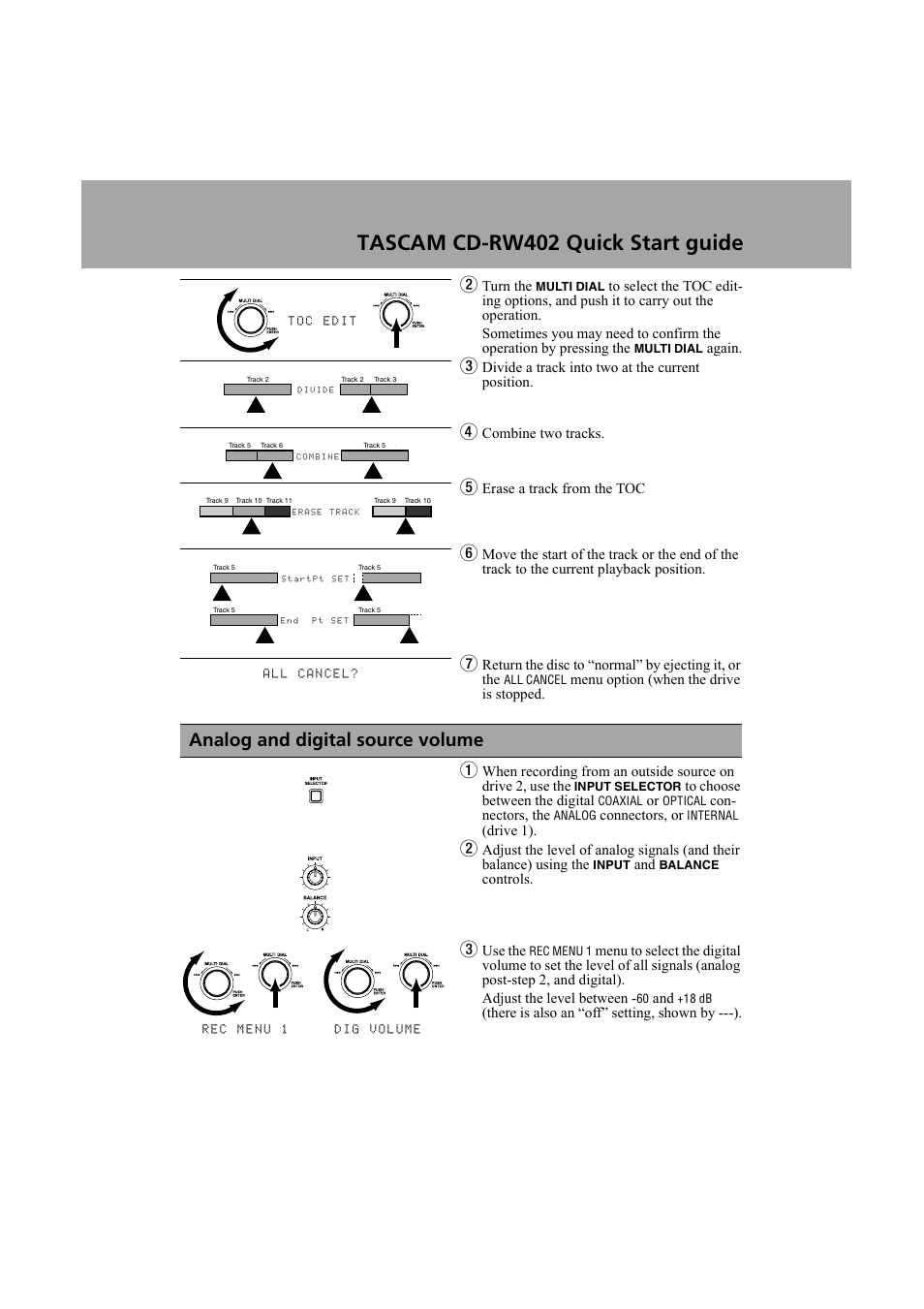 Tascam cd-rw402 quick start guide, Analog and digital source volume 1 | Tascam cdrw 402 User Manual | Page 3 / 4