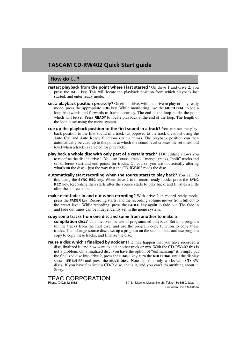 Tascam cd-rw402 quick start guide, Teac corporation, How do i | Tascam cdrw 402 User Manual | Page 4 / 4