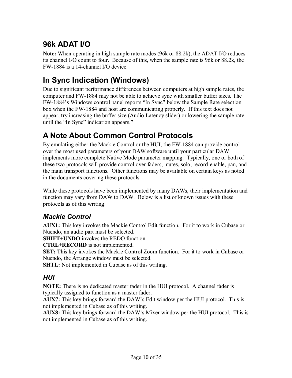 96k adat i/o, In sync indication (windows), A note about common control protocols | Ackie, Ontrol | Tascam FW-1884 User Manual | Page 10 / 35