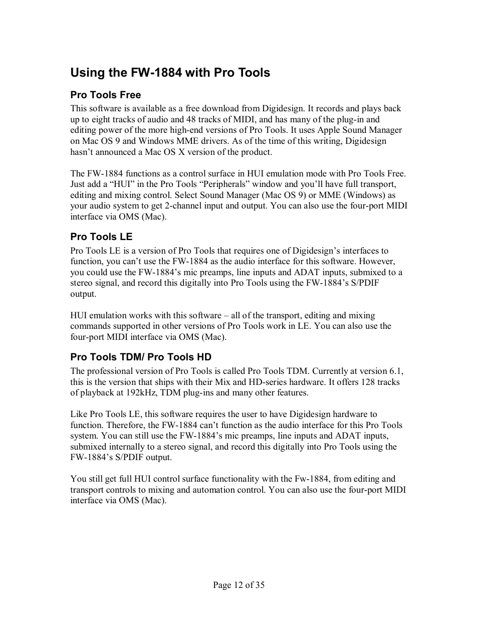 Using the fw­1884 with pro tools | Tascam FW-1884 User Manual | Page 12 / 35