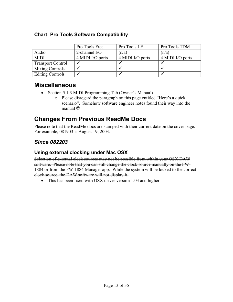Chart: pro tools software compatibility, Miscellaneous, Changes from previous readme docs | Ince, Using external clocking under mac osx | Tascam FW-1884 User Manual | Page 13 / 35