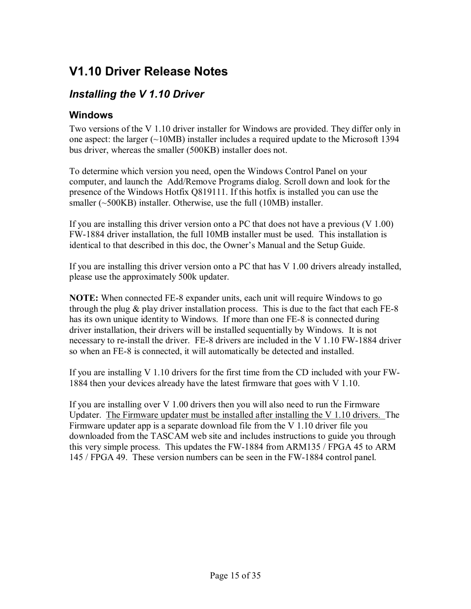 V1.10 driver release notes, Nstalling the, V 1.10 d | River, Windows | Tascam FW-1884 User Manual | Page 15 / 35