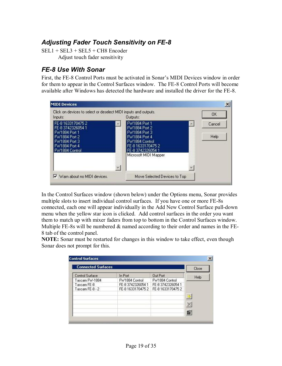 Djusting, Ader, Ouch | Ensitivity on, Fe­8, Fe­8 u, Onar | Tascam FW-1884 User Manual | Page 19 / 35