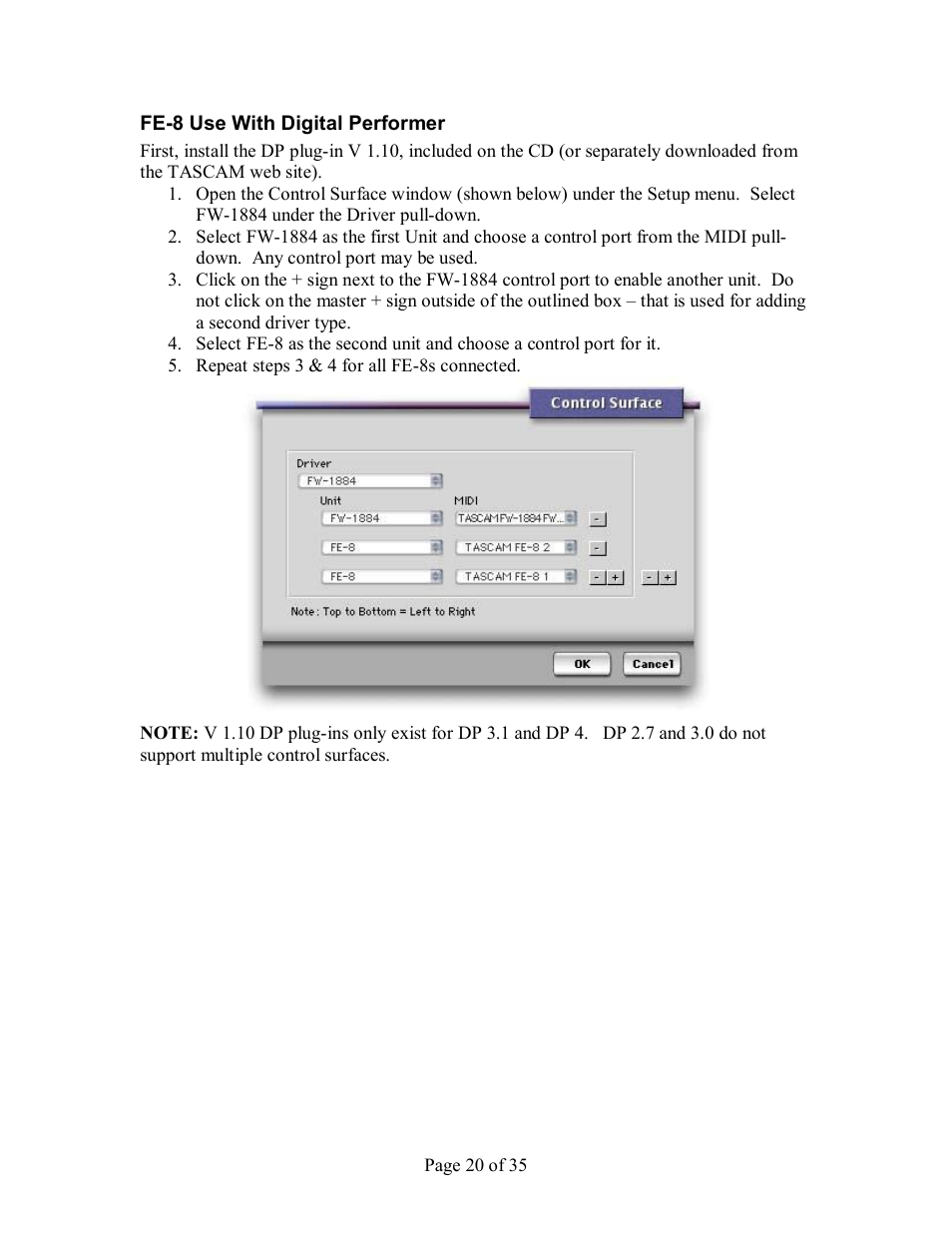 Fe­8 use with digital performer | Tascam FW-1884 User Manual | Page 20 / 35