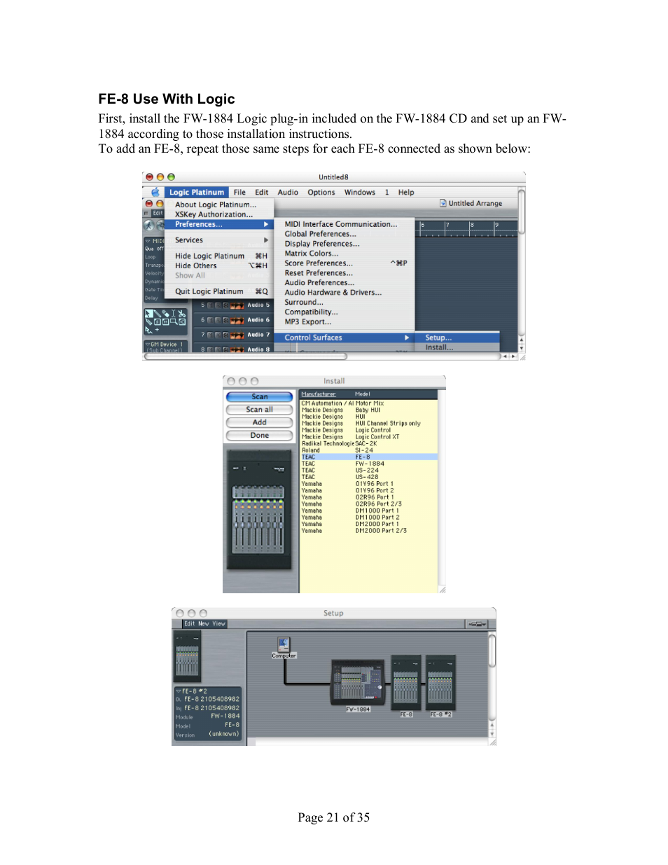 Fe­8 use with logic | Tascam FW-1884 User Manual | Page 21 / 35