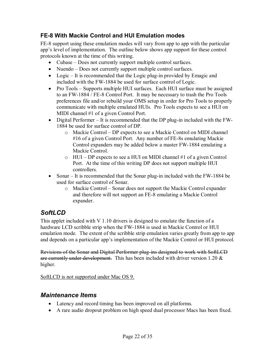 Fe­8 with mackie control and hui emulation modes, Aintenance, Tems | Tascam FW-1884 User Manual | Page 22 / 35
