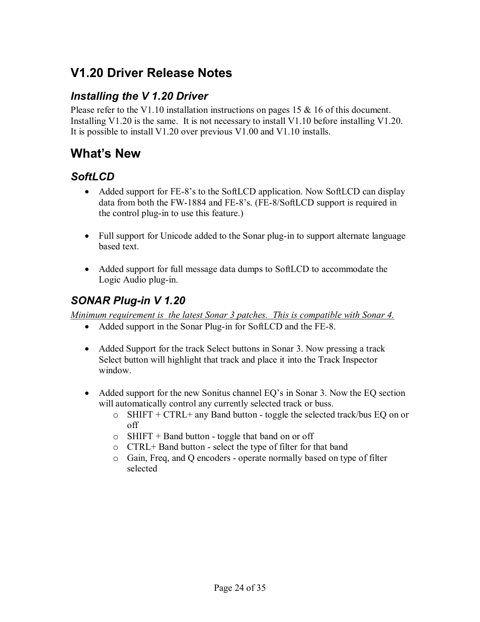 V1.20 driver release notes, Nstalling the, V 1.20 d | River, What’s new, Sonar p, V 1.20 | Tascam FW-1884 User Manual | Page 24 / 35