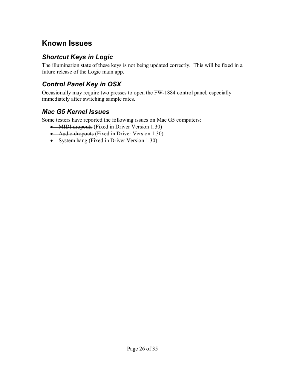 Known issues, Hortcut, Eys in | Ogic, Ontrol, Anel, Ey in, G5 k, Ernel, Ssues | Tascam FW-1884 User Manual | Page 26 / 35