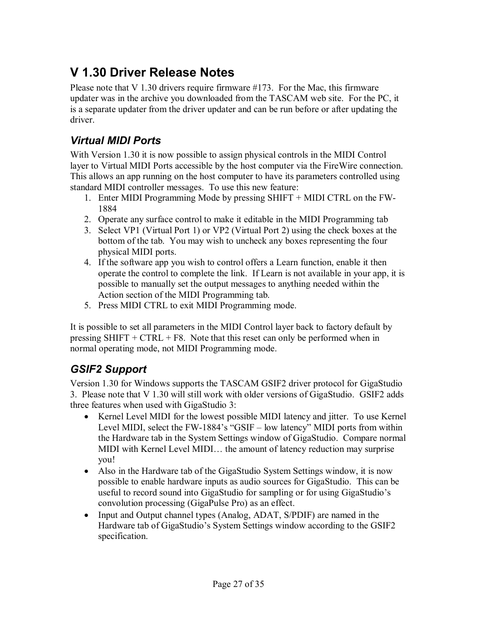 V 1.30 driver release notes, Irtual, Midi p | Orts, Gsif2 s, Upport | Tascam FW-1884 User Manual | Page 27 / 35
