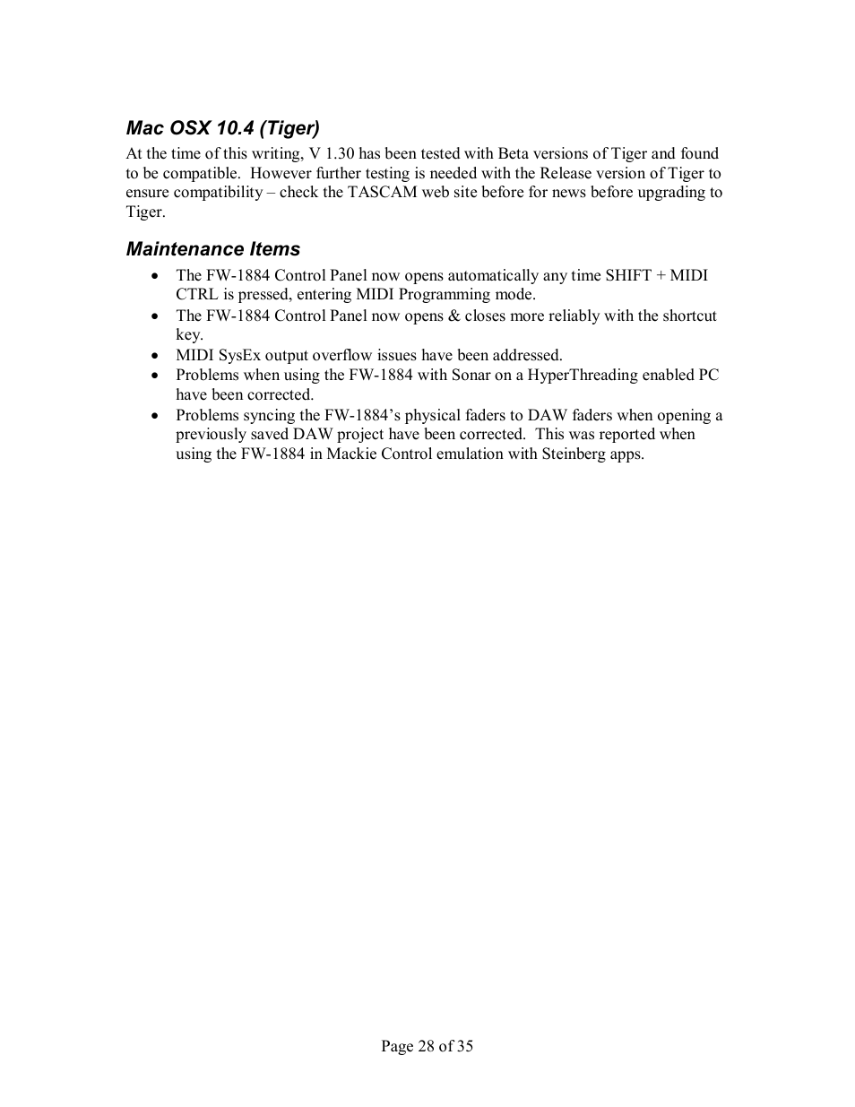 Osx 10.4 (t, Iger, Aintenance | Tems | Tascam FW-1884 User Manual | Page 28 / 35
